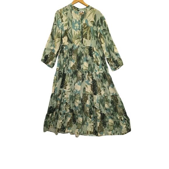 Le Ragarre Green Plant Print Linen Maxi Dress Made In Italy Size Large - Picture 1 of 9